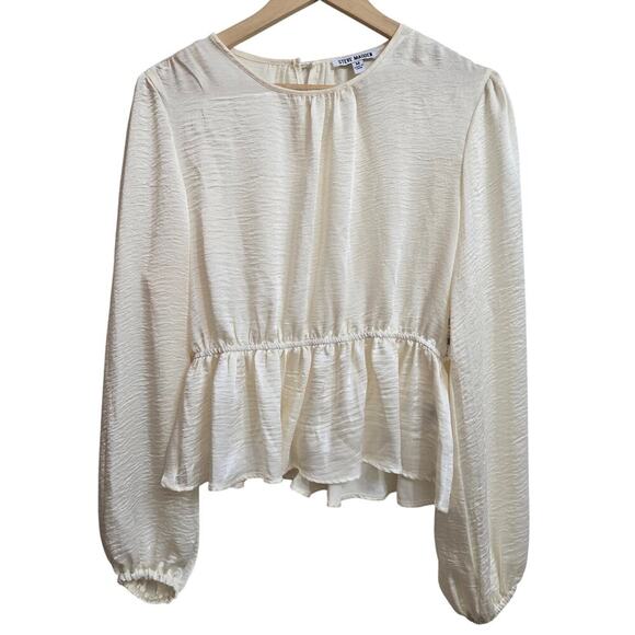 NWT Steve Madden Womens Silky Ivory Peplum Blouse M Boho Soft Romantic Peasant - Picture 1 of 11